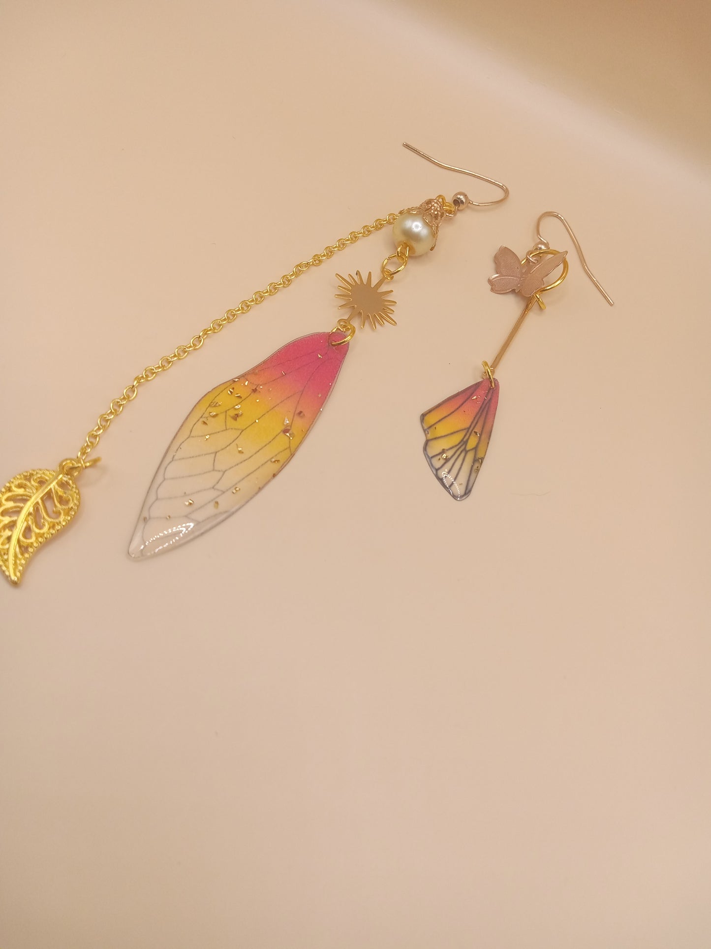 Irregular Amber Sunset Fairy Wing Dangle Earrings