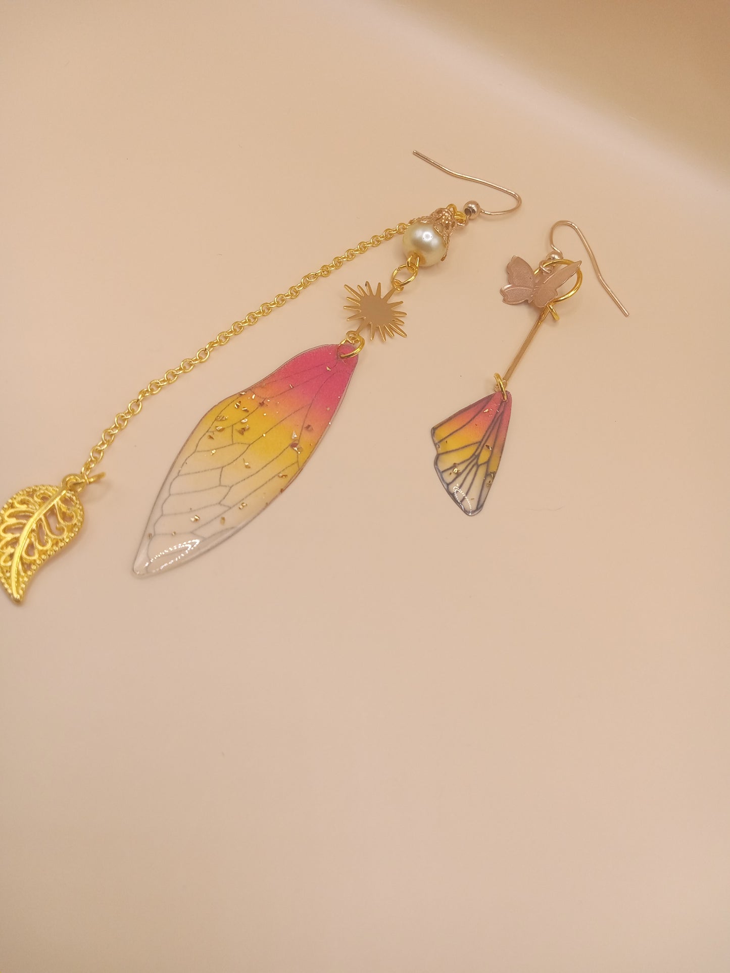 Irregular Amber Sunset Fairy Wing Dangle Earrings