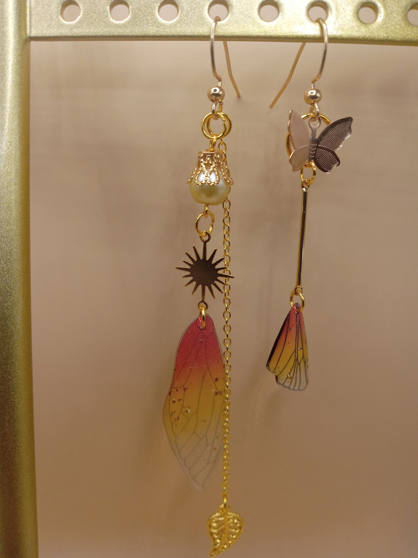 Irregular Amber Sunset Fairy Wing Dangle Earrings