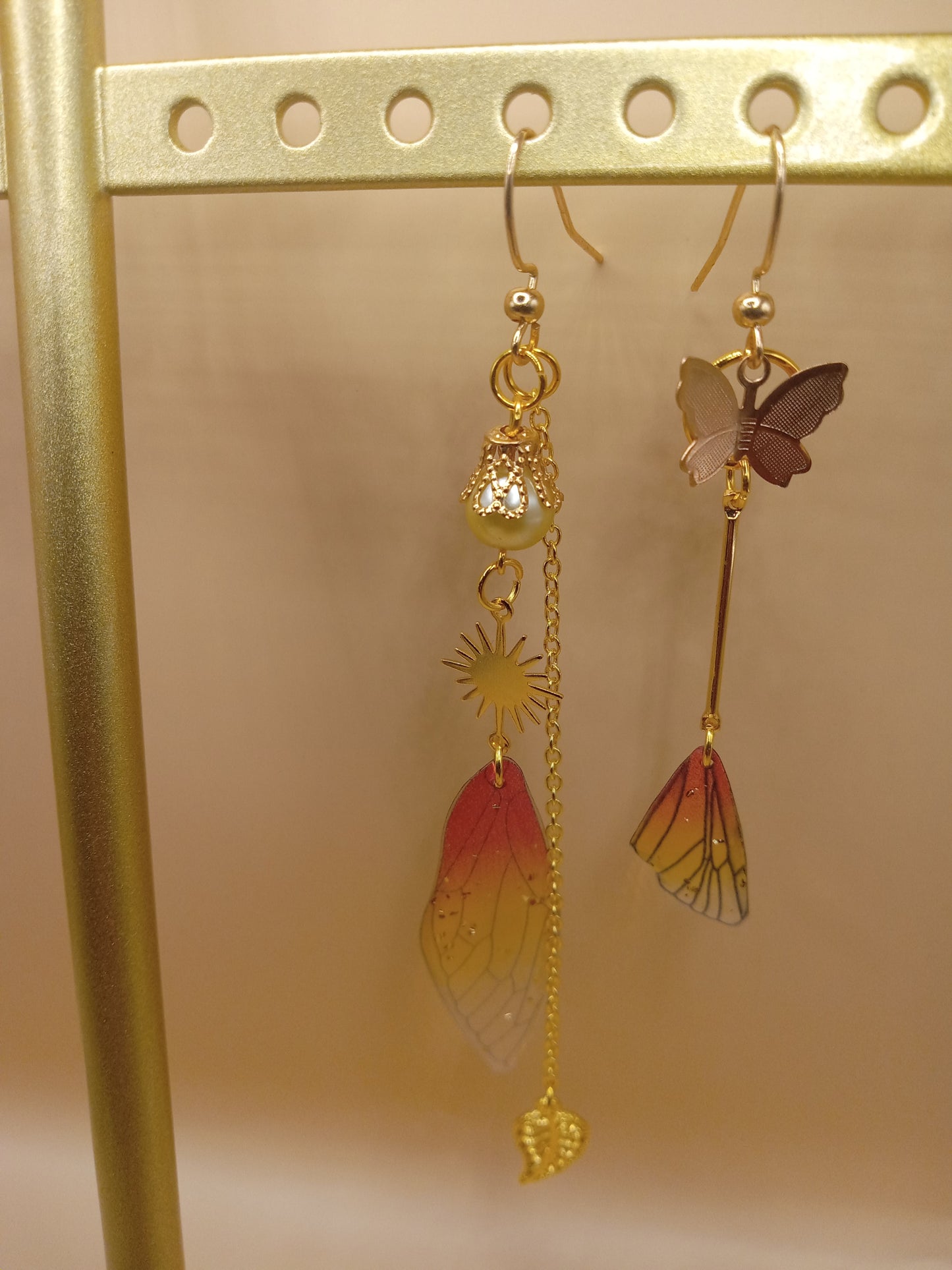 Irregular Amber Sunset Fairy Wing Dangle Earrings