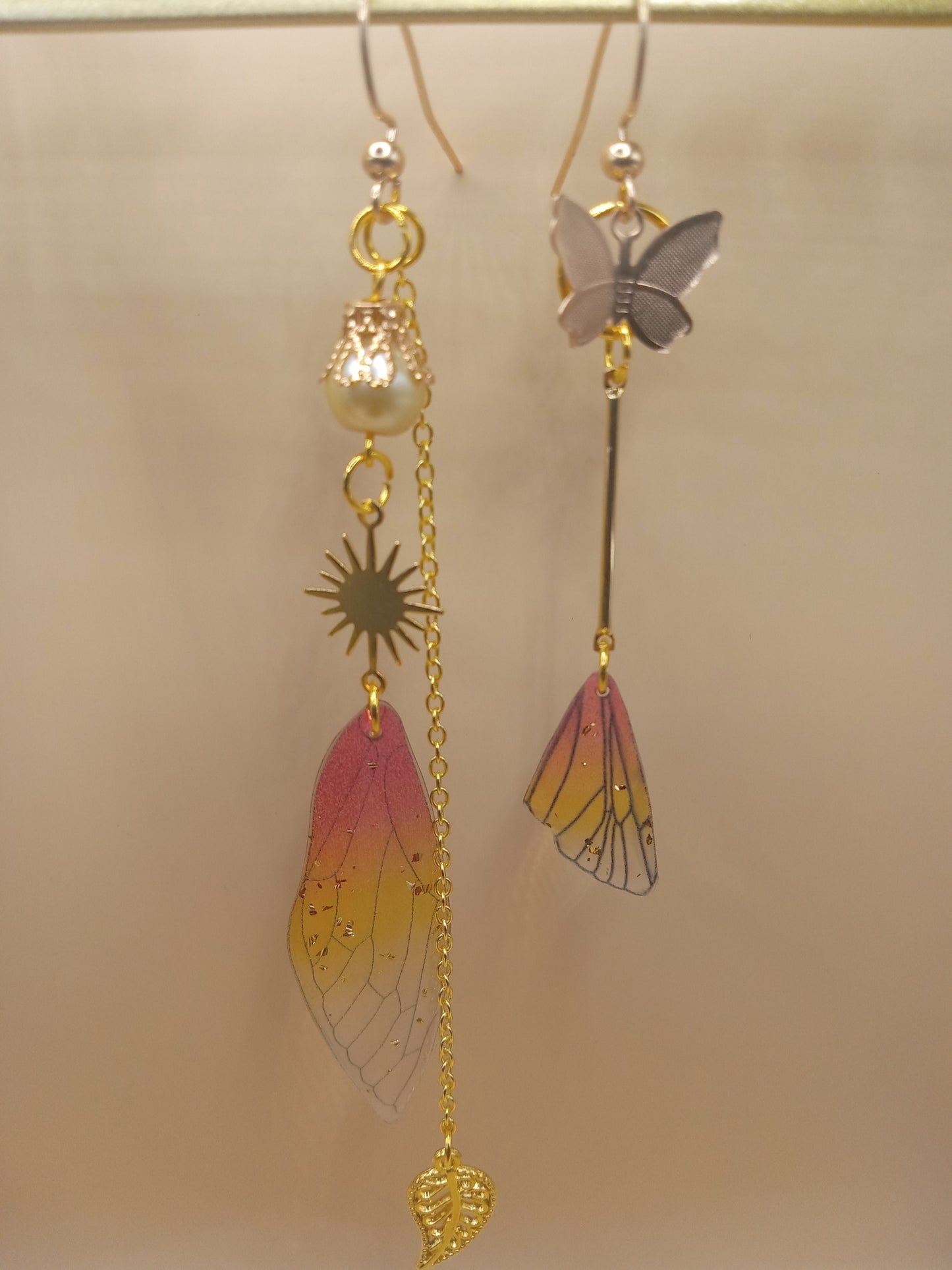 Irregular Amber Sunset Fairy Wing Dangle Earrings
