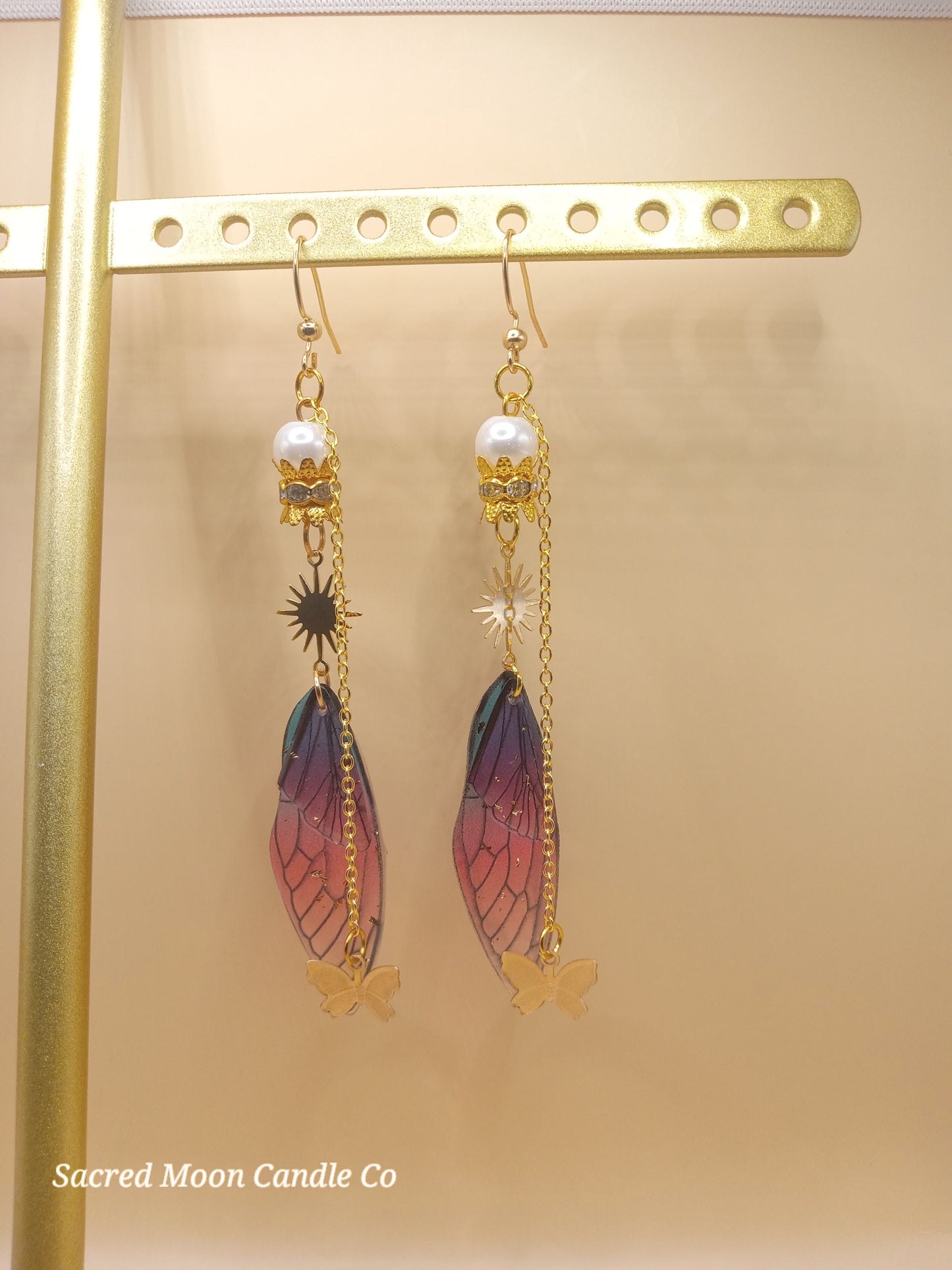 Blue and Magenta Fairy Wing Dangle Earrings
