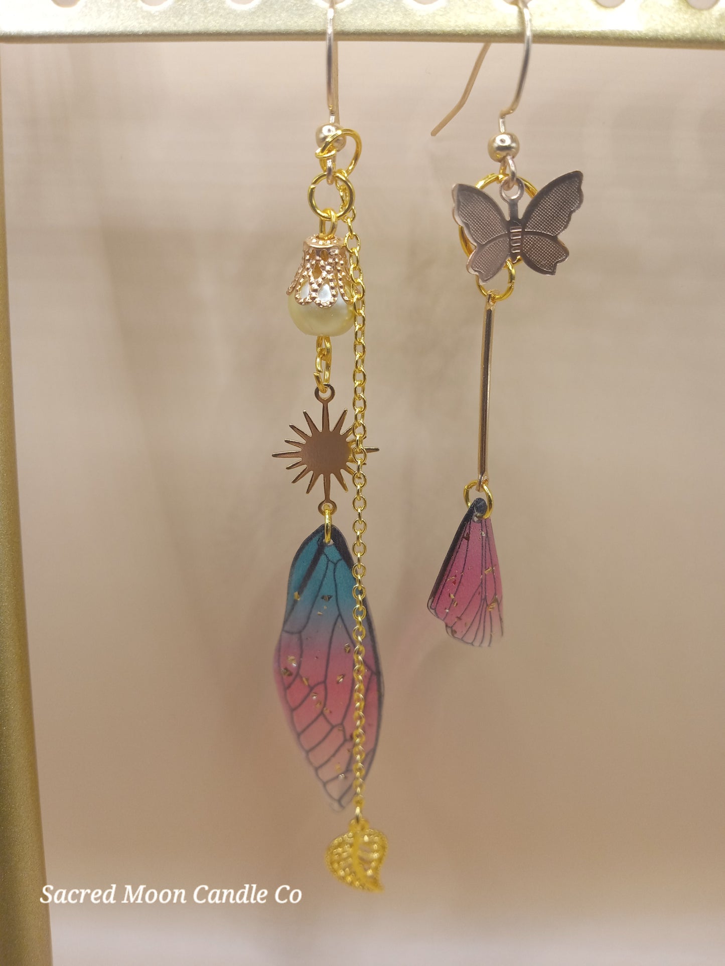 Irregular Blue and Magenta Fairy Wing Earrings
