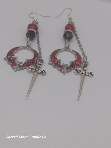 Edgy Red and Black Bat and Sword Dangle Earrings