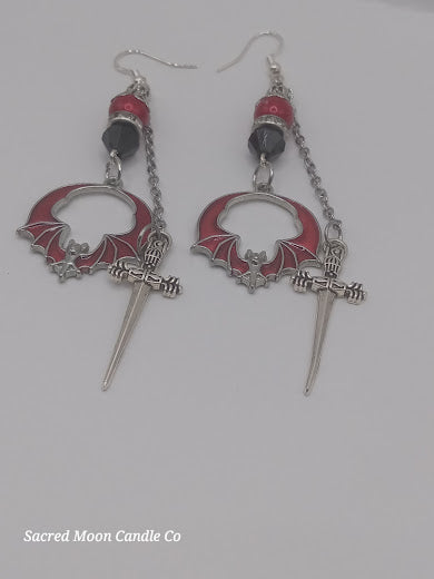 Edgy Red and Black Bat and Sword Dangle Earrings