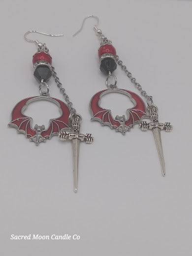 Edgy Red and Black Bat and Sword Dangle Earrings