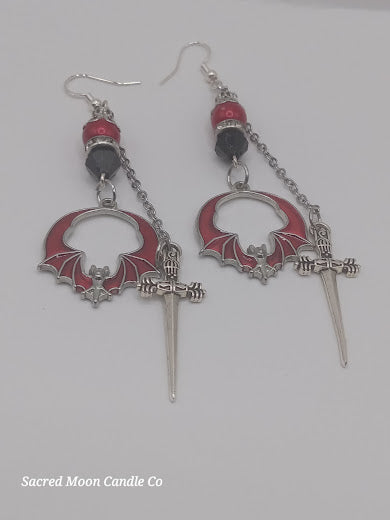 Edgy Red and Black Bat and Sword Dangle Earrings