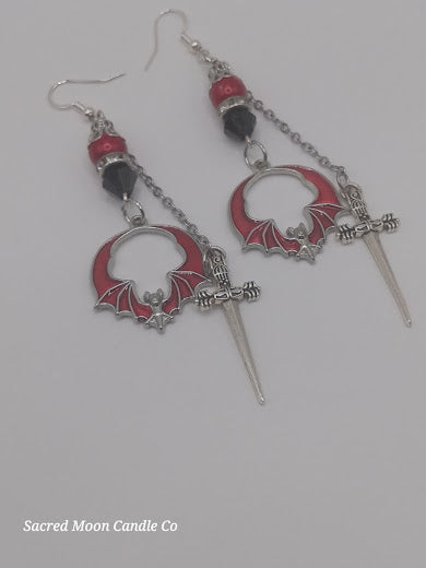 Edgy Red and Black Bat and Sword Dangle Earrings