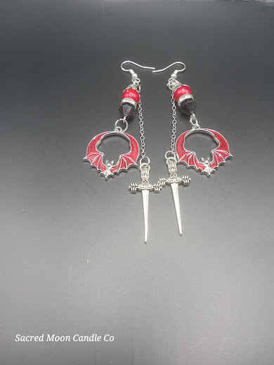 Edgy Red and Black Bat and Sword Dangle Earrings
