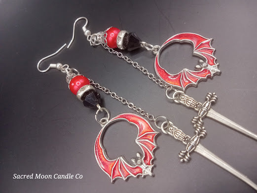 Edgy Red and Black Bat and Sword Dangle Earrings