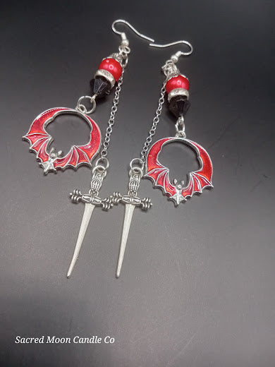 Edgy Red and Black Bat and Sword Dangle Earrings