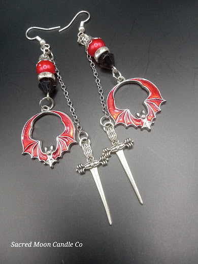 Edgy Red and Black Bat and Sword Dangle Earrings