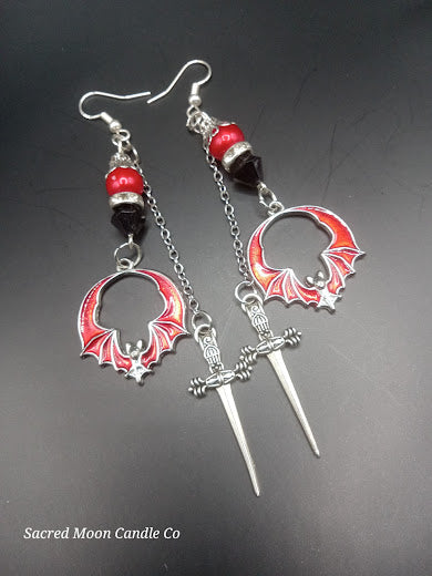 Edgy Red and Black Bat and Sword Dangle Earrings
