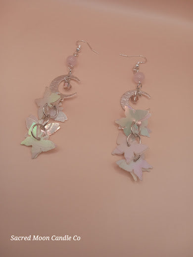 Rose Quartz Moon and Holographic Butterfly Charm Dangle Earrings