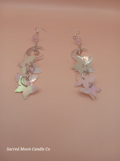 Rose Quartz Moon and Holographic Butterfly Charm Dangle Earrings