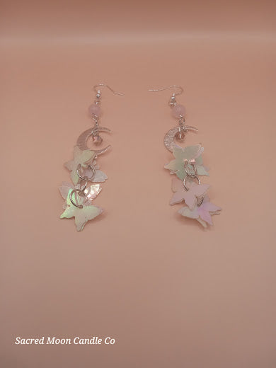 Rose Quartz Moon and Holographic Butterfly Charm Dangle Earrings