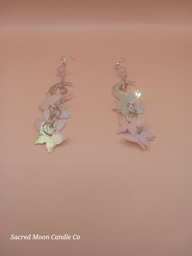 Rose Quartz Moon and Holographic Butterfly Charm Dangle Earrings