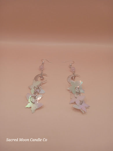 Rose Quartz Moon and Holographic Butterfly Charm Dangle Earrings