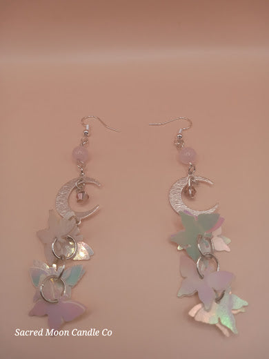 Rose Quartz Moon and Holographic Butterfly Charm Dangle Earrings