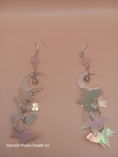 Rose Quartz Moon and Holographic Butterfly Charm Dangle Earrings