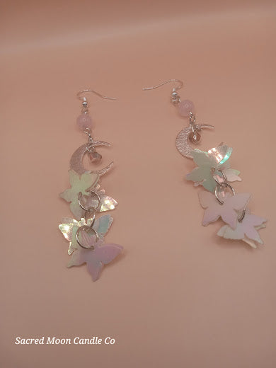 Rose Quartz Moon and Holographic Butterfly Charm Dangle Earrings