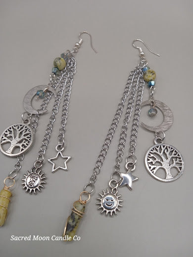 Cycles of Life Crescent Moon and Tree of Life Yellow Turquoise Dangle Earrings