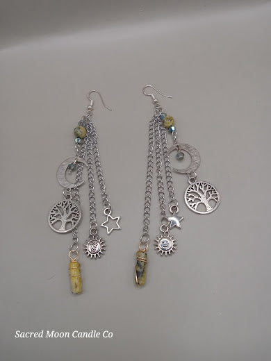 Cycles of Life Crescent Moon and Tree of Life Yellow Turquoise Dangle Earrings