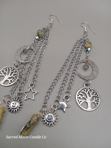 Cycles of Life Crescent Moon and Tree of Life Yellow Turquoise Dangle Earrings