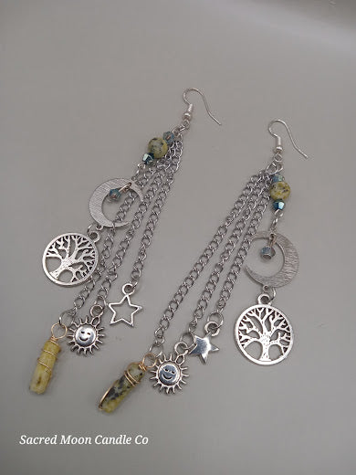 Cycles of Life Crescent Moon and Tree of Life Yellow Turquoise Dangle Earrings