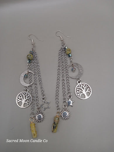 Cycles of Life Crescent Moon and Tree of Life Yellow Turquoise Dangle Earrings