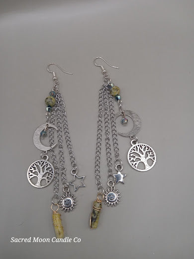 Cycles of Life Crescent Moon and Tree of Life Yellow Turquoise Dangle Earrings