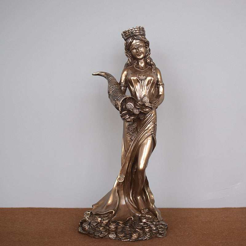 Sacred Moon Candle Co Tyche goddess statue bronze cornucopia altar tool standing on coins