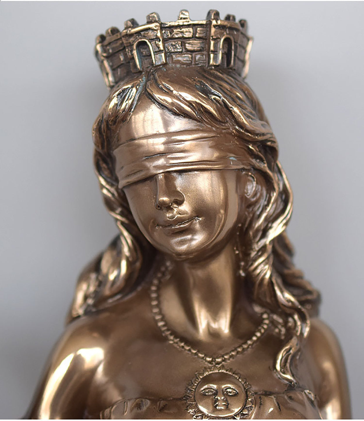 Tyche goddess statue bronze finish blindfolded deity with mural crown and sun pendant by Sacred Moon Candle Co