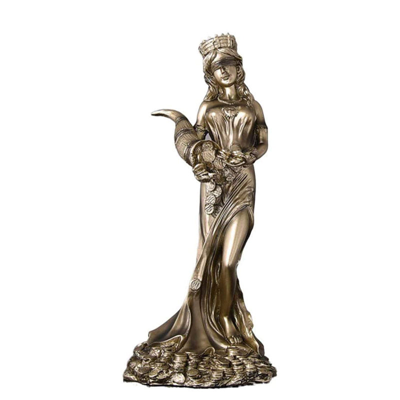 Tyche goddess statue bronze finish holding cornucopia with coins at base draped gown ideal for altar decor