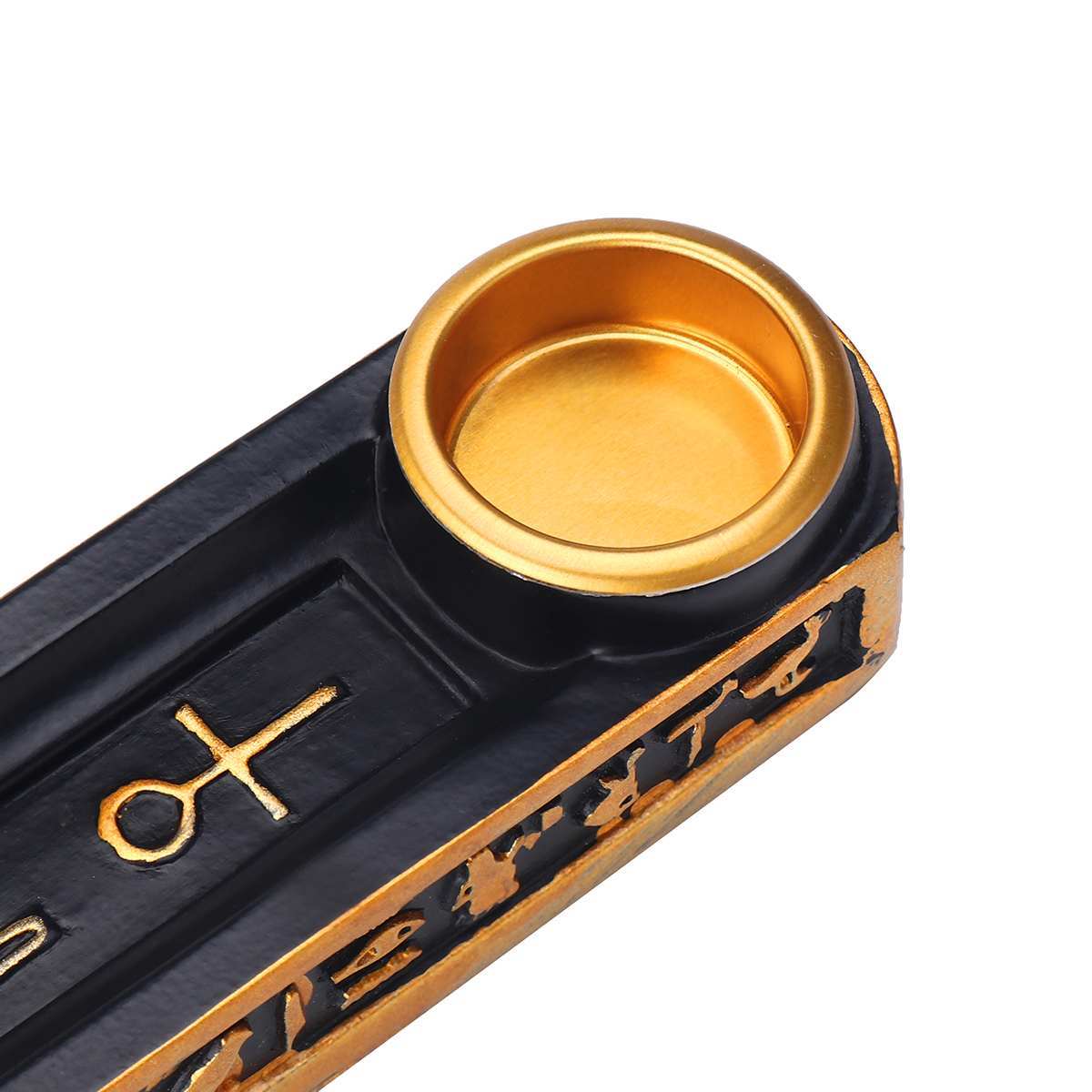 Black and gold Bastet incense burner with ancient Egyptian symbols by Sacred Moon Candle Co