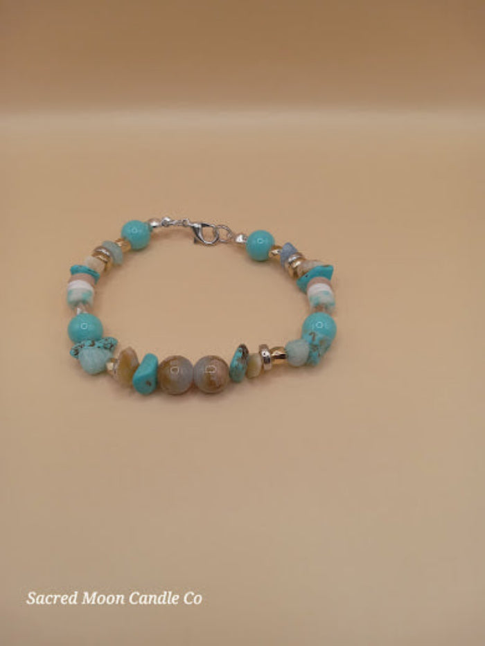 Bohemian beach crystal bracelet stack with turquoise and natural stone beads by Sacred Moon Candle Co