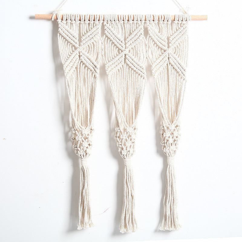 Sacred Moon Candle Co bohemian woven tapestry plant rack macrame wall hanging with three tassel pockets