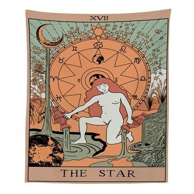 Sacred Moon Candle Co wall tapestry The Star tarot design with nude figure, moon and stars the sun, moon, and star tapestries .