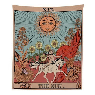Sacred Moon Candle Co wall decor tapestry with tarot sun face, rider on horse and sunflowers, the sun, moon, and star tapestries .
