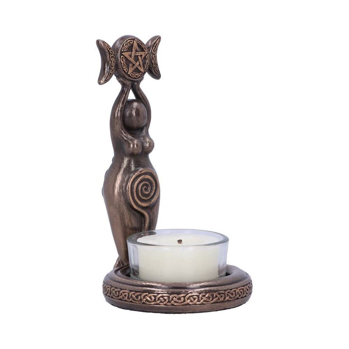 Bronze Sacred Moon Candle Co triple moon goddess tea light candle holder with standing goddess and Celtic base