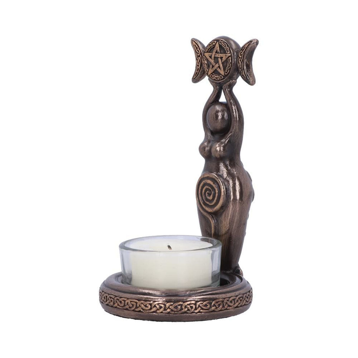 Sacred Moon Candle Co bronze goddess altar statue with pentagram triple moon goddess tea light candle holder
