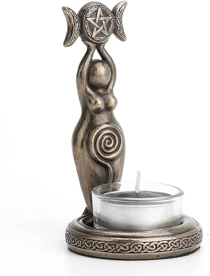 Bronze altar statue of a goddess with spiral belly and pentagram holding triple moon goddess tea light candle holder