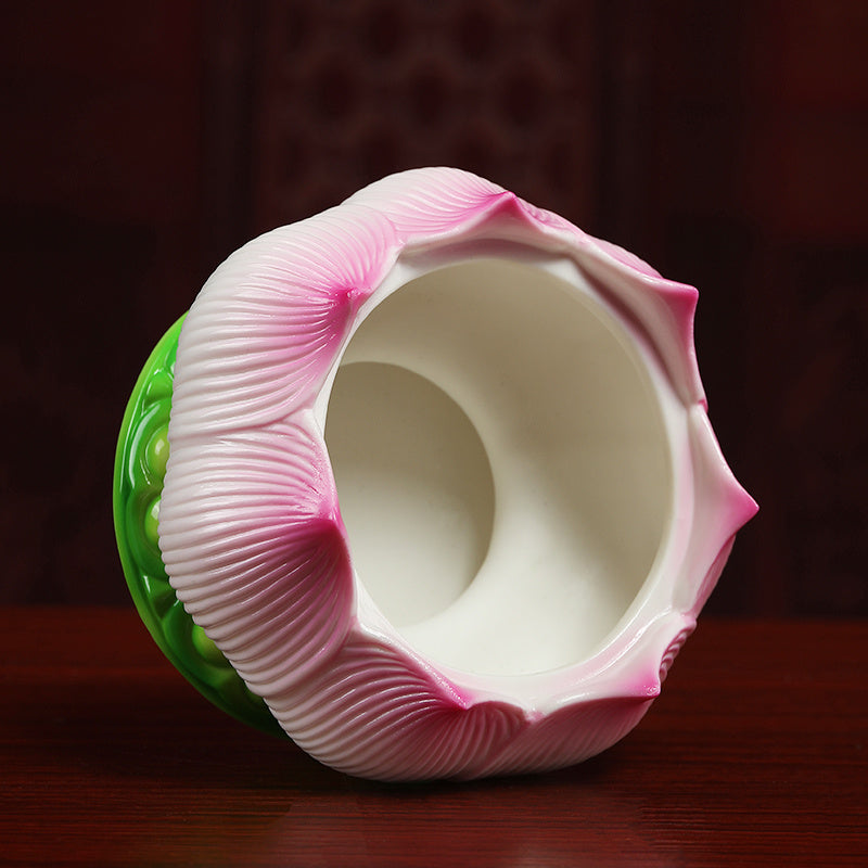 Sacred Moon Candle Co ceramic lotus incense burner with pink and green petal design for altar use