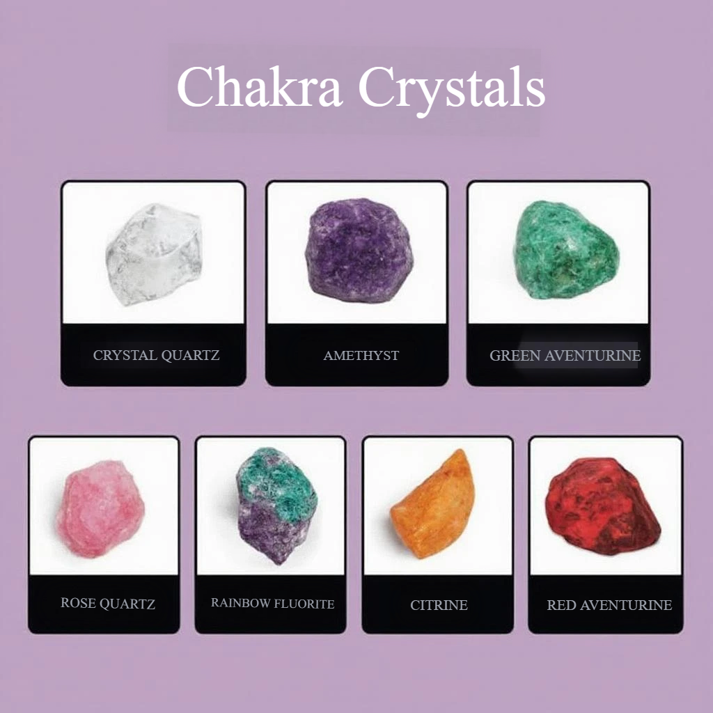 Chakra crystal set for beginners by Sacred Moon Candle Co including seven healing crystals labeled on a purple background