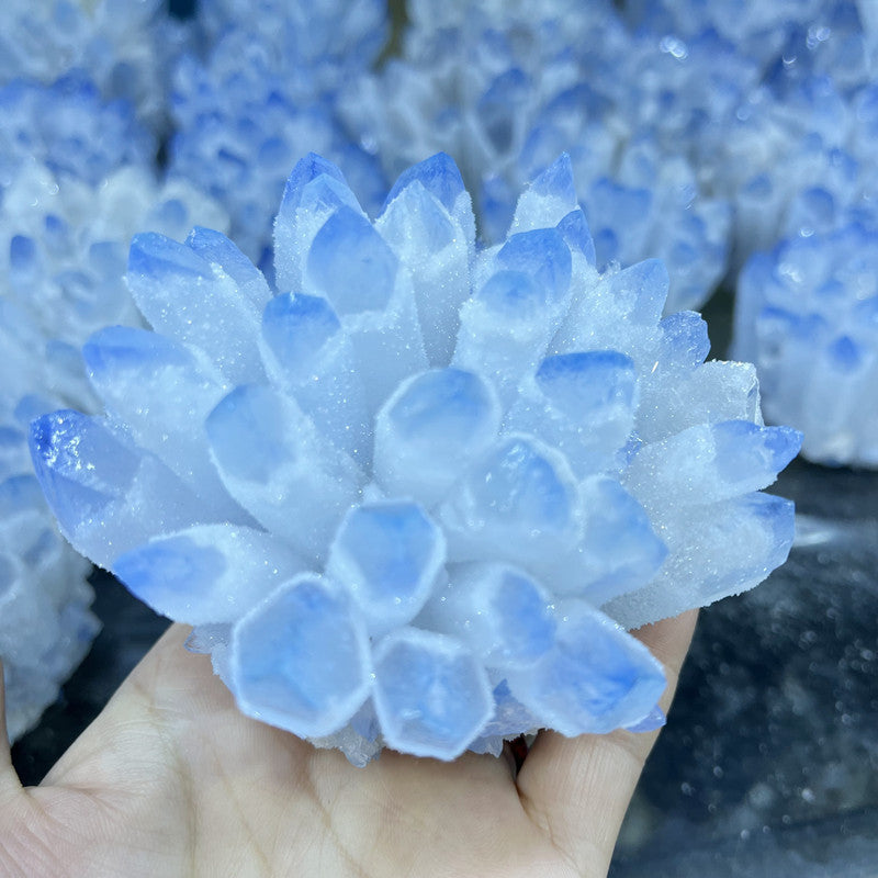 Handheld Blue Phantom Crystal Quartz Cluster with druzy sparkle and pointed terminations from Sacred Moon Candle Co