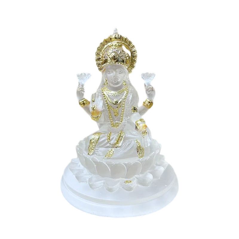 Sacred Moon Candle Co Lakshmi resin altar statue white translucent resin with gold accents seated on lotus for home altar