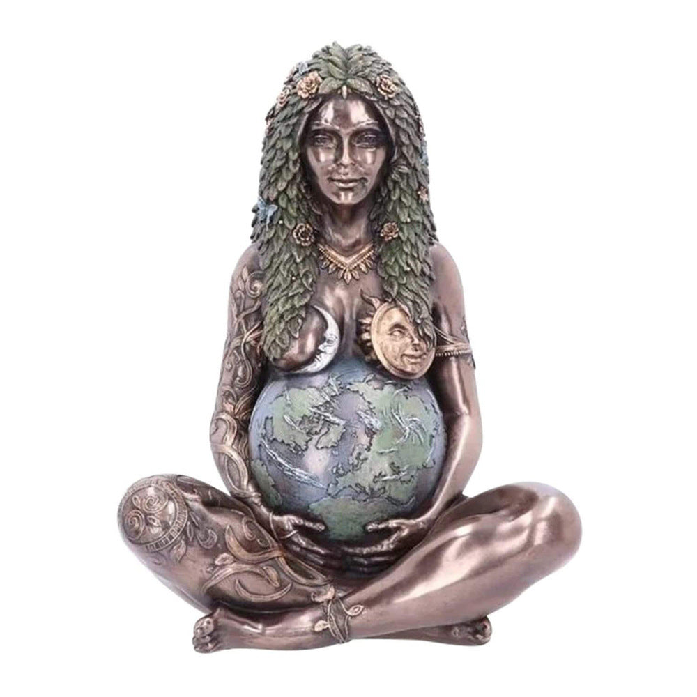 Sacred Moon Candle Co Mother Earth goddess statue bronze finish seated figure cradling globe for altar