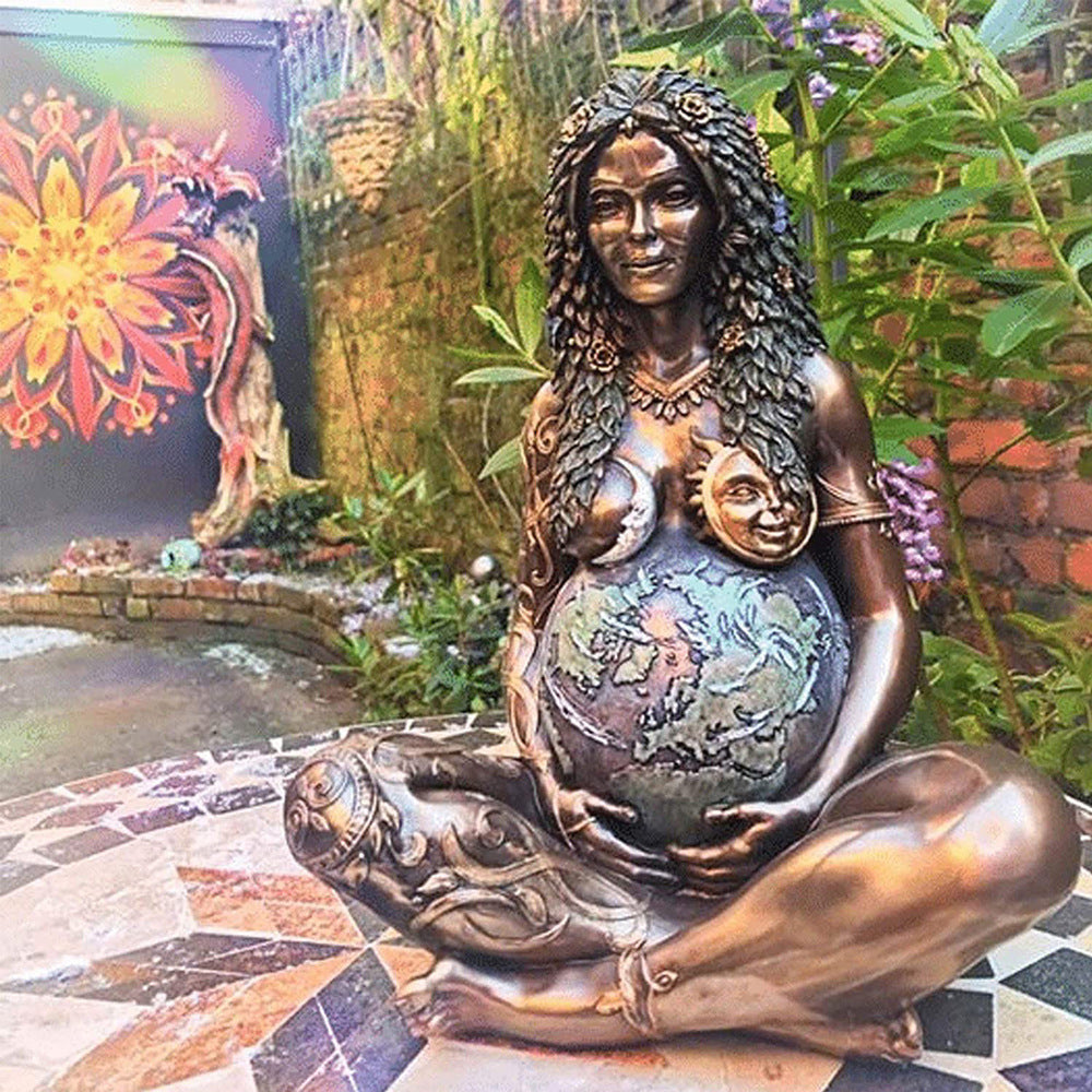 Mother Earth goddess statue bronze pregnant goddess holding globe in garden altar decor by Sacred Moon Candle Co