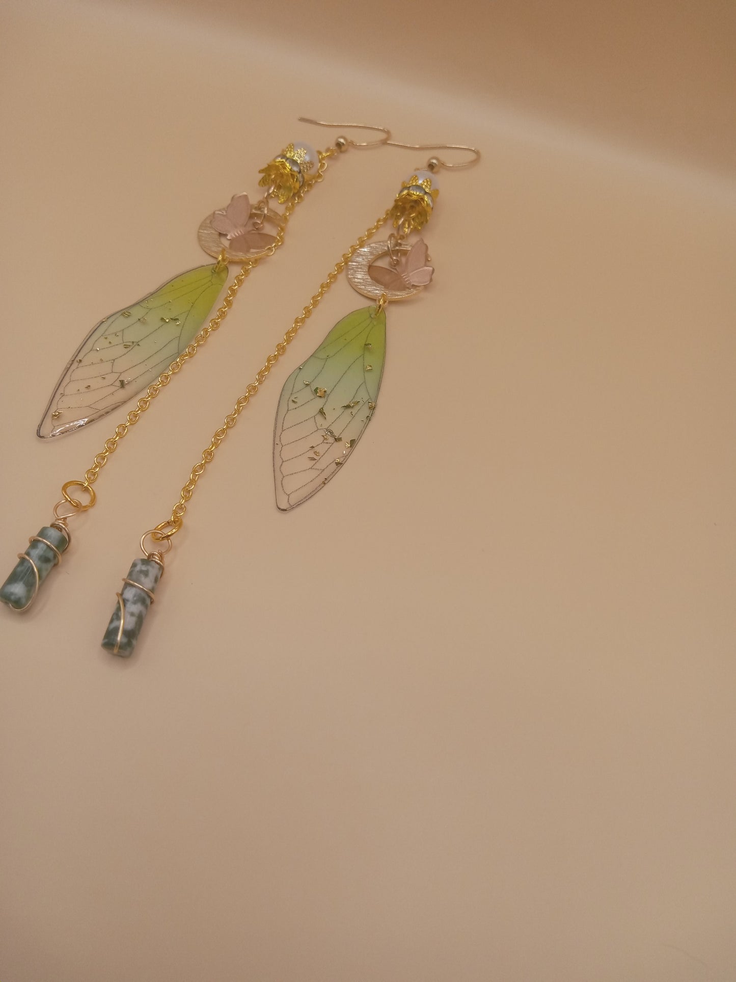 Sacred Moon Candle Co green fairy wing dangle earrings with gold chains moon charms and stone beads