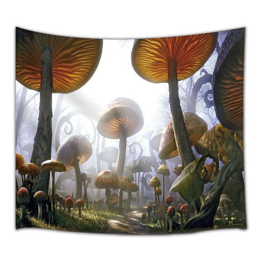 Sacred Moon Candle Co mushroom tapestry wall hanging featuring large fantasy forest mushrooms and misty path